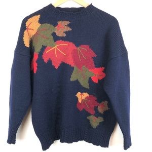 Vintage English Wool Sweater Navy with Leaf Motif Size Small